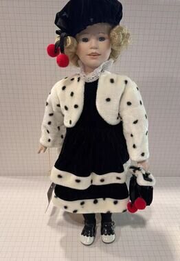 Designs by YOKO Limited Edition Porcelain Doll 19" Winter Doll Black/White Dalma